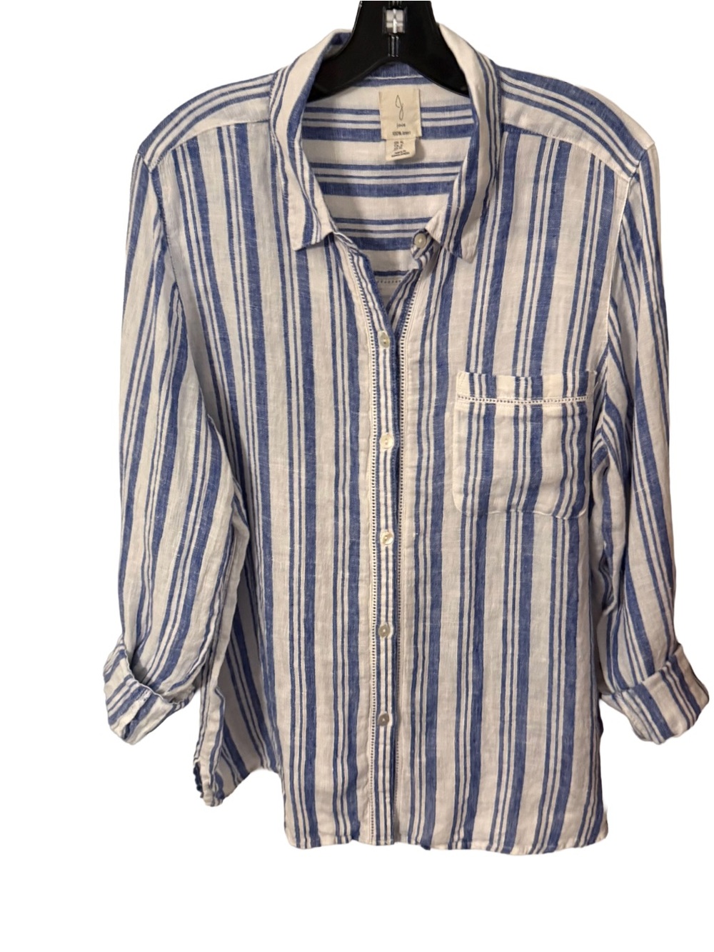 Joie Women’s Linen Shirt Striped Button Down Pocket Ladder Stitching Sz XL